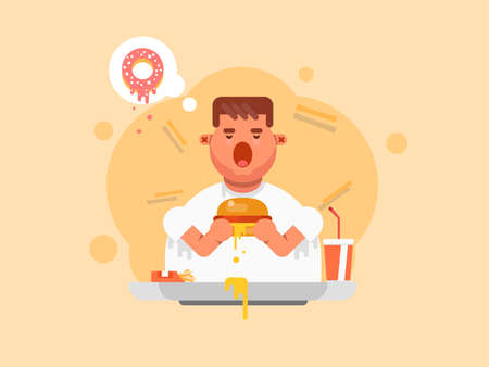 Fat man eating a big hamburger in flat style. Bad Habits.のイラスト素材