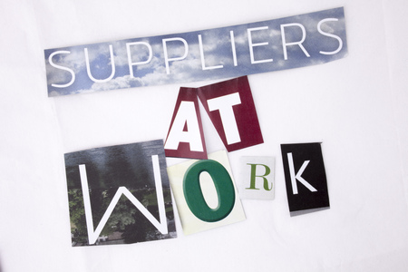 A word writing text showing concept of Suppliers At Work made of different magazine newspaper letter for Business concept on the white background with spaceの写真素材
