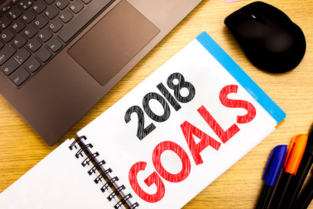 Handwritten text caption showing 2018 Goals. Business concept writing for financial planning,...
