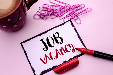 Text sign showing Job Vacancy. Conceptual photo Work Career Vacant Position Hiring Employment Recruit Job written Sticky Note Paper the plain background Marker Cup Pins next to it.