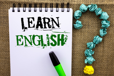 Writing note showing  Learn English. Business photo showcasing Study another Language Learn Something Foreign Communication written Notebook Book the jute background Marker Ask for.の写真素材