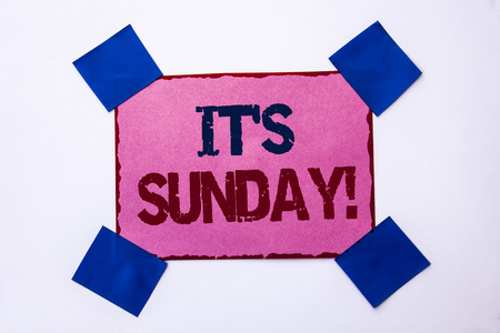Conceptual hand writing showing It's Sunday Call. Business photo text Relax Enjoy Holiday Weekend Vacation Rest Day Free Relaxing written Pink Sticky Note Paper the plain background.の写真素材