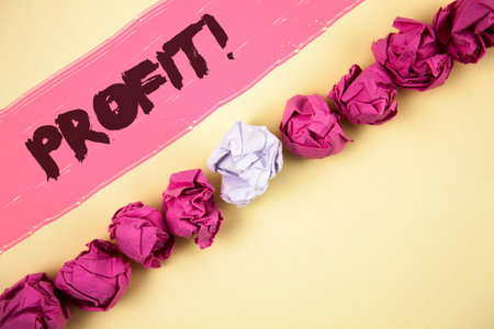 Handwriting text writing Profit Motivational Call. Concept meaning Earned Money Payment Salary Business Revenue written Painted background Crumpled Paper Balls Line next to it.の写真素材