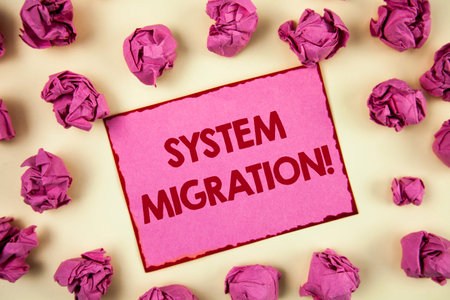 Conceptual hand writing showing System Migration Motivational Call. Business photo showcasing Moving...