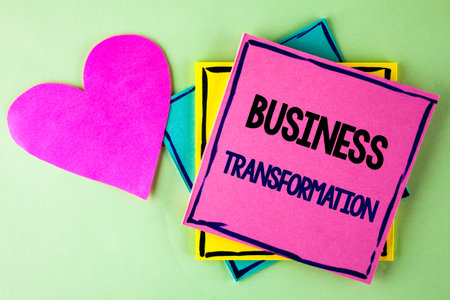 Writing note showing  Business Transformation. Business photo showcasing Making changes in...