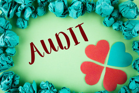 Handwriting text Audit. Concept meaning Local company auditors perform their financial investigation annually written plain background within Paper Balls Hearts next to it.の写真素材