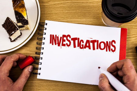 Conceptual hand writing showing Investigations. Business photo showcasing Formal inquiry Systematic...