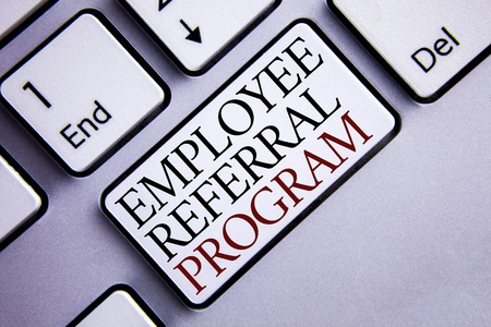 Word writing text Employee Referral Program. Business concept for strategy work encourage employers through prizes written White Keyboard Key with copy space. Top view.の写真素材