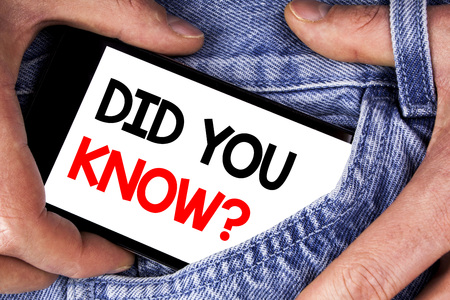 Handwriting text writing Did You Know Question. Concept meaning asking about facts of informations Trivia Competition written Mobile phone screen holding by man the jeans background.の写真素材