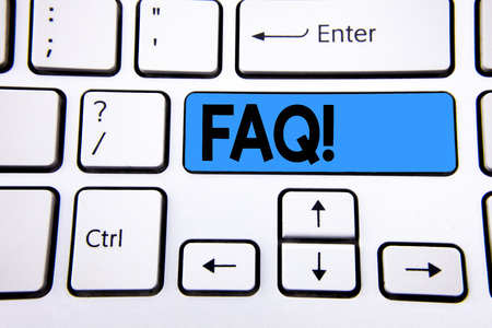 Writing note showing  Faq Motivational Call. Business photo showcasing Frequently asked question for clearing up confusions written Blue Key Button White Keyboard with copy space. Top view.の写真素材