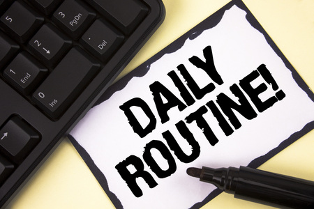 Conceptual hand writing showing Daily Routine Motivational Call. Business photo text Everyday good habits to bring changes written Sticky Note paper plain background Marker Keyboard.の写真素材