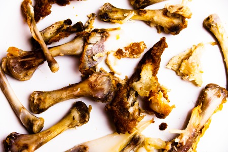 Eaten fried chicken wings on the plate. Meal leftovers from above. Unhealthy concept of eaten food. Flat lay image above plate with leftovers bonesの写真素材