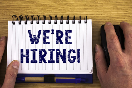 Text sign showing We Are Hiring Motivational Call. Conceptual photo Talent Hunting Job Wanted Recruitmentの写真素材