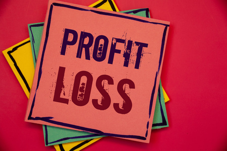 Words writing texts Profit Loss. Business concept for Financial year end account contains total revenues and expensesPink blue yellow papers ideas words concepts black letters red backgroundの写真素材