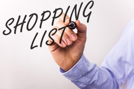 Writing note showing  Shopping List. Business photo showcasing Products Groceries you need to buy Supermarket Checklistの写真素材