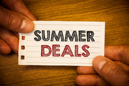 Text sign showing Summer Deals. Conceptual photo Special Sales Offers for Vacation Holiday Trips Price Discountsの写真素材