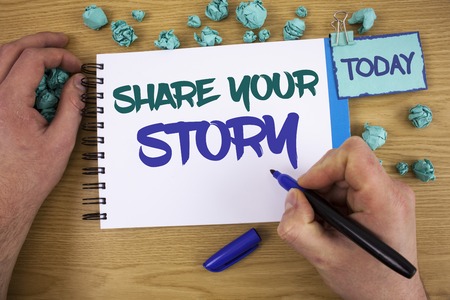 Writing note showing Share Your Story. Business photo showcasing Experience Storytelling Nostalgia Thoughts Memory Personal Text two words blue white notepad blue marker hand crumbled blue paperの写真素材