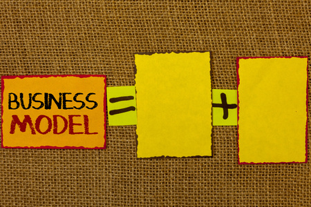 Conceptual hand writing showing Business Model. Business photo showcasing Innovative Strategic Plan Marketing Vision Successful Ideas Text equals empty note plus emptu yellow note love funnyの写真素材