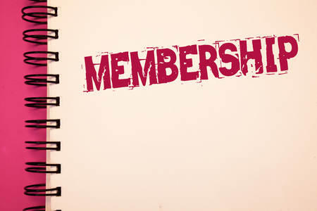 Conceptual hand writing showing Membership. Business photo showcasing Being member Part of a group or team Join an organizationNotebook page ideas messages black red letters wordsの写真素材