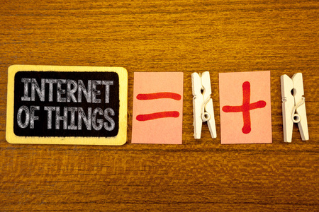 Handwriting text Internet Of Things. Concept meaning Innovation Globalization Digital Electronics Connectivity White paper clip laid woody desk black slate some texts equal and plus markの写真素材