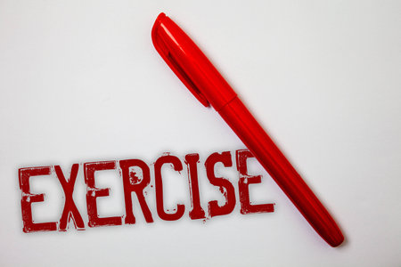 Text sign showing Exercise. Conceptual photo Activity requiring physical effort Bringing into play Training Ideas messages splatters marker markers messy grunge white backgroundの写真素材