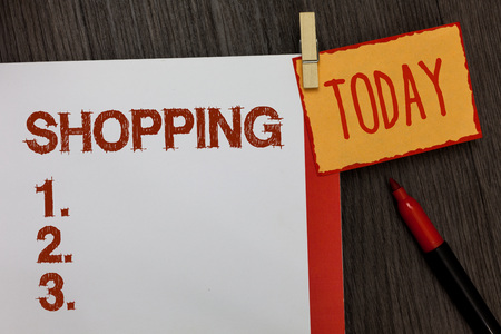 Word writing text Shopping. Business concept for Shopper customer purchase goods products store experience Work dairy marker pen listed paper colour clip paperclip daily work listの写真素材