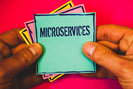 Writing note showing Microservices. Business photo showcasing Software development technique...