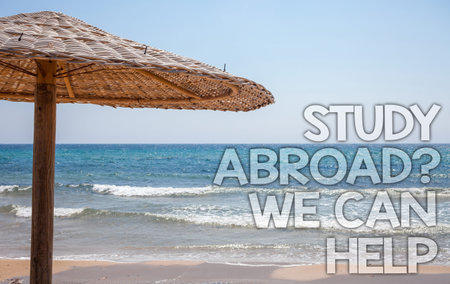 Handwriting text writing Study Abroad Question We Can Help. Concept meaning going overseas complete your studies Blue beach water Thatched Straw Umbrellas Message Ideas Thoughts Reflection