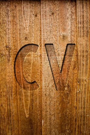 Text sign showing Cv. Conceptual photo Curriculum Vitae Resume Infographics Job Searching Employee Recruitment Ideas messages wooden background intentions feelings thoughts communicateの写真素材
