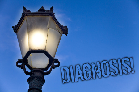 Text sign showing Diagnosis Motivational Call. Conceptual photo Judgment about particular illness or condition Light post blue sky enlighten ideas message old vintage antique Victorianの写真素材