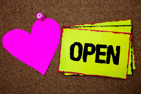 Text sign showing Open. Conceptual photo Allow things to pass through or for immediate use Contrary...