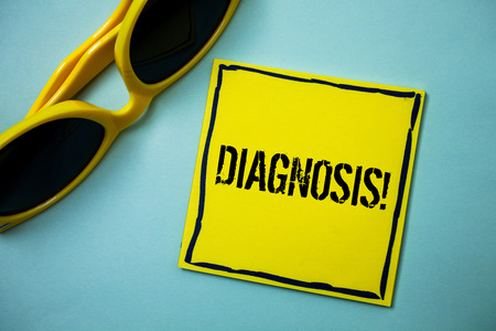 Writing note showing  Diagnosis Motivational Call. Business photo showcasing Judgment about particular illness or condition Ideas messages blue background sunglasses casual annotations thoughtsの写真素材