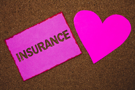 Handwriting text Insurance. Concept meaning Policy for financial protection or reimbursement against losses Paper heart ideas messages cork background love lovely dedication thoughtsの写真素材
