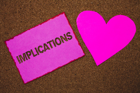 Handwriting text Implications. Concept meaning Conclusion State of being involved Suggestion Insinuation Hint Paper heart ideas messages cork background love lovely dedication thoughtsの写真素材