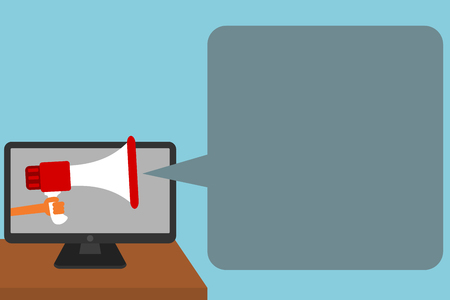 Flat design business illustration concept Digital marketing business megaphone for website and promotion banners. Cartoon human hand holding empty social media copy space textのイラスト素材