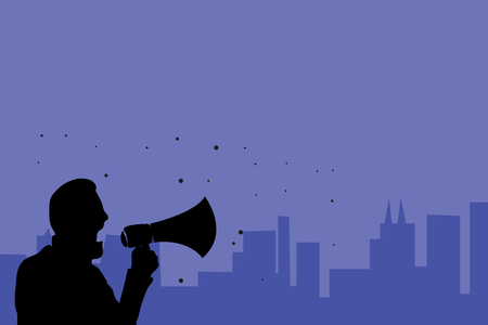 Flat design business illustration concept Digital marketing business holding megaphone for website and promotion banners. Cartoon human hand holding megaphone. social media conceptのイラスト素材