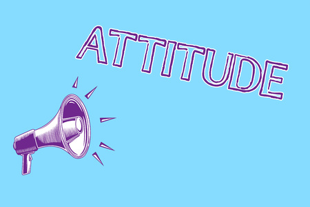Word writing text Attitude. Business concept for settled way of thinking or feeling about something Personality Megaphone loudspeaker blue background important message speaking loudの写真素材