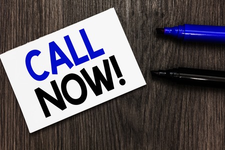 Text sign showing Call Now. Conceptual photo To immediately contact a person using telecom devices with accuracy Important idea ideas notebook marker markers wooden background reminderの写真素材