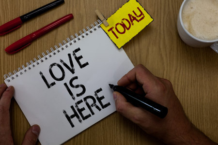 Handwriting text writing Love Is Here. Concept meaning Romantic feeling Lovely emotion Positive...