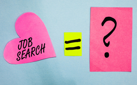 Text sign showing Job Search. Conceptual photo An act of person to find work suited for his profession Pink paper notes heart equal sign question mark important answer romanticの写真素材
