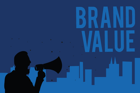 Handwriting text writing Brand Value. Concept meaning company generates from product with recognizable for its names Man holding megaphone speaking politician making promises blue backgroundの写真素材