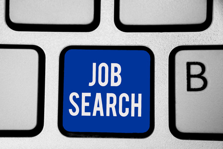 Word writing text Job Search. Business concept for An act of person to find work suited for his profession Keyboard blue key Intention create computer computing reflection documentの写真素材