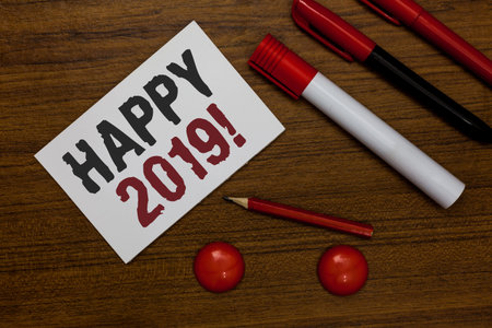 Writing note showing Happy 2019. Business photo showcasing time or day at which a new calendar year...