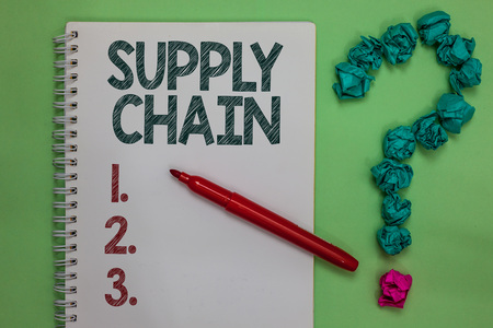 Handwriting text Supply Chain. Concept meaning System of organization and processes from supplier to consumer Notebook marker crumpled papers forming question mark green backgroundの写真素材