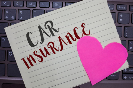 Conceptual hand writing showing Car Insurance. Business photo showcasing Accidents coverage Comprehensive Policy Motor Vehicle Guaranty Notebook paper keyboard Romantic Lovely ideas Type computerの写真素材