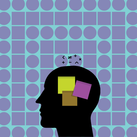 Flat design business Vector Illustration concept Empty template space text For promotion website and advertising Ad. Sticky Note Pasted on Male Human Face Profile Silhouette Math signs aboveのイラスト素材