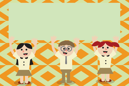Flat design business Vector Illustration Empty template esp isolated Minimalist graphic layout template for advertising. Three School Kids with both Arms Raising upward are Singing Smiling Talkingのイラスト素材