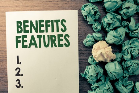 Text sign showing Benefits Features. Conceptual photo Making a product stand out from the crowd Value of it.の写真素材