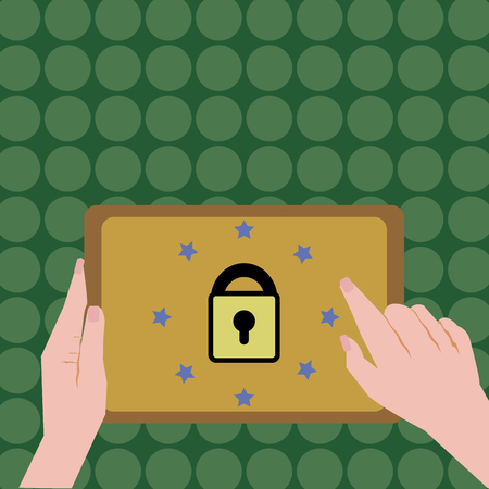 Flat design business Vector Illustration concept template copy space text for Ad website esp isolated 3d isometric. Female Hand Touching Tablet device with lock and stars icon on screenのイラスト素材