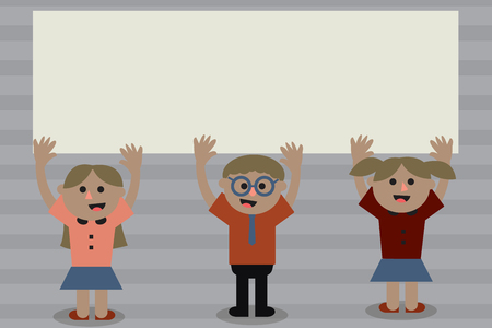 Flat design business Vector Illustration concept Empty template space text For promotion website and advertising Ad. Three School Kids with both Arms Raising upward are Singing Smiling Talkingのイラスト素材